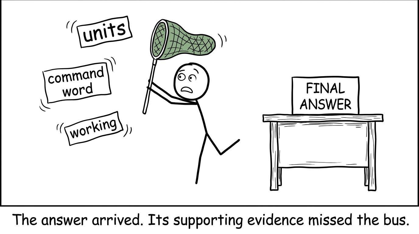 A student trying to catch units, command words and working during an exam