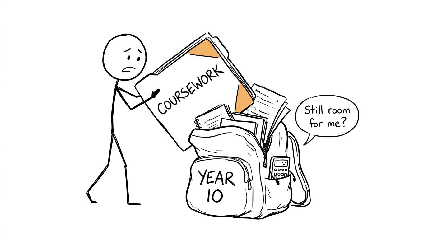 A student trying to fit coursework into an already crowded Year 10 school bag