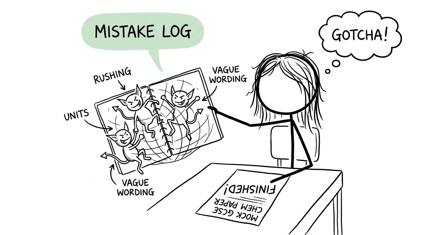 A student catches rushing, units and vague wording in a mistake log