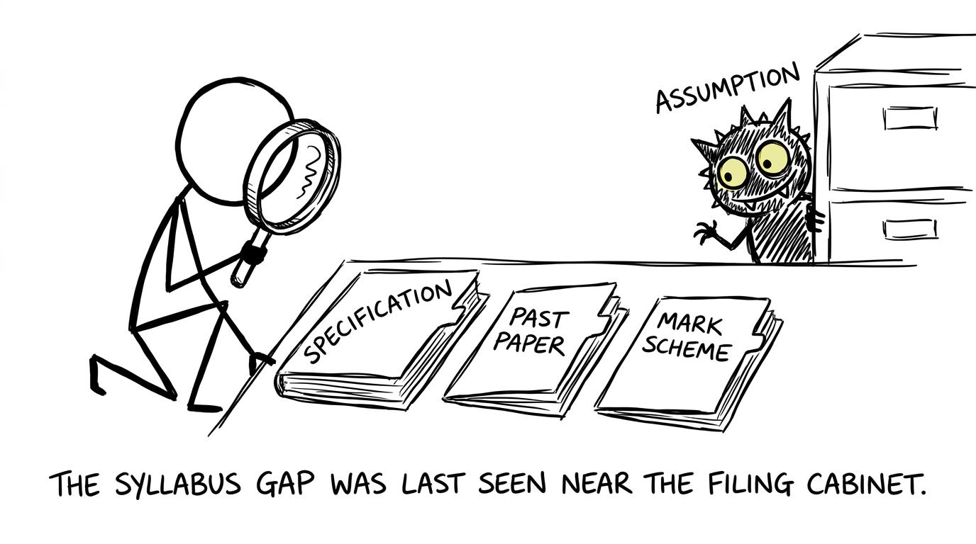 A student detective checking a specification, past paper and mark scheme