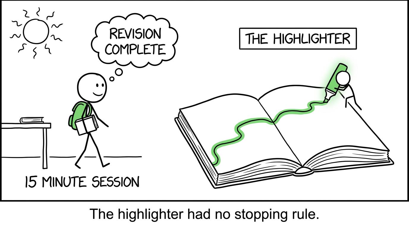 A student leaves after a focused session while an overenthusiastic highlighter carries on alone