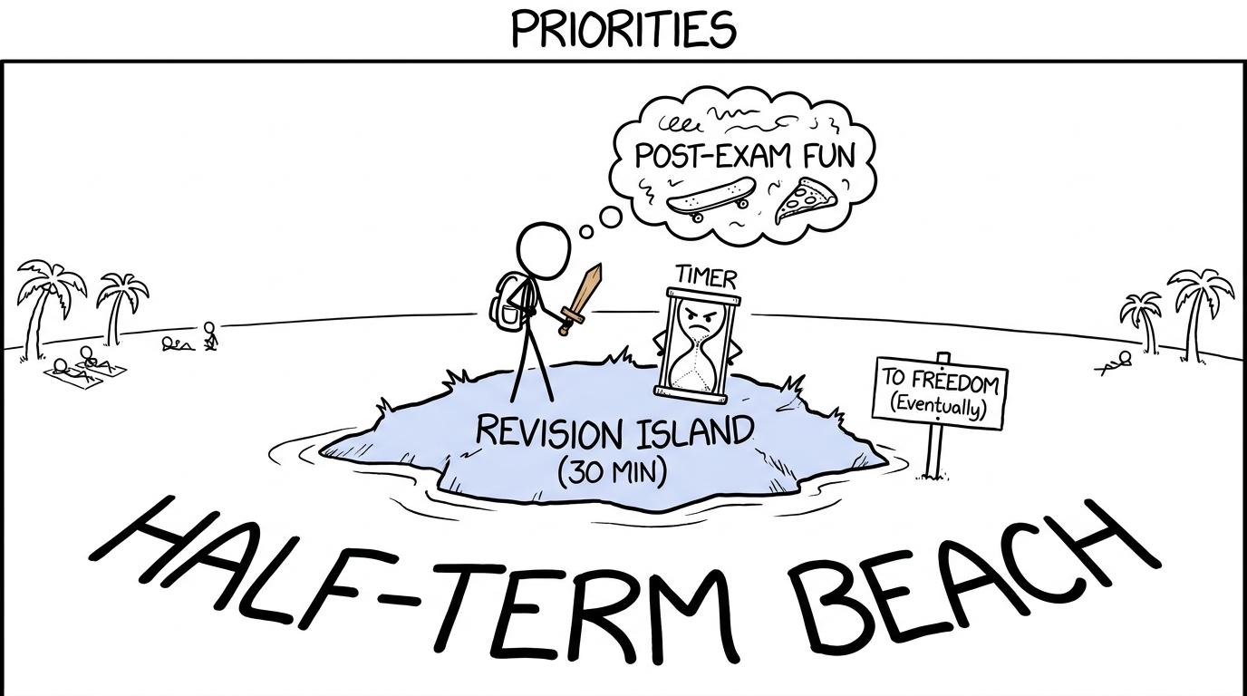 A student protecting a small revision session while enjoying half-term