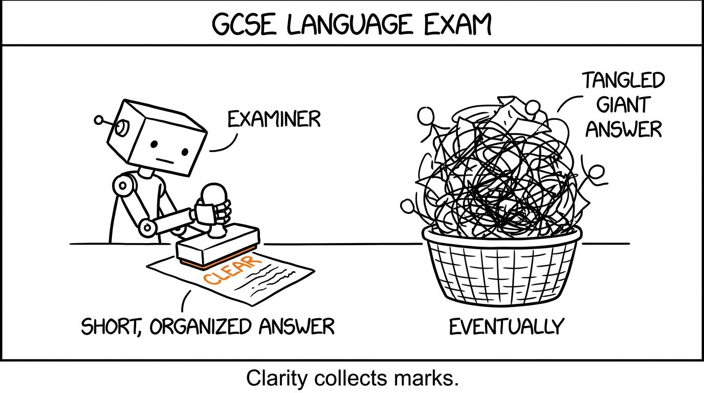 An examiner robot rewards a short clear answer