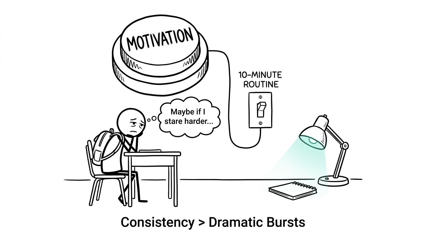 A student discovers that a small routine works when the motivation button does not