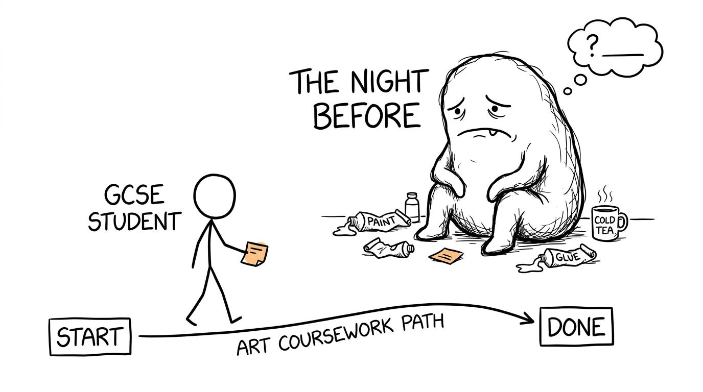 A student calmly escapes the night-before deadline monster by moving small tasks towards done
