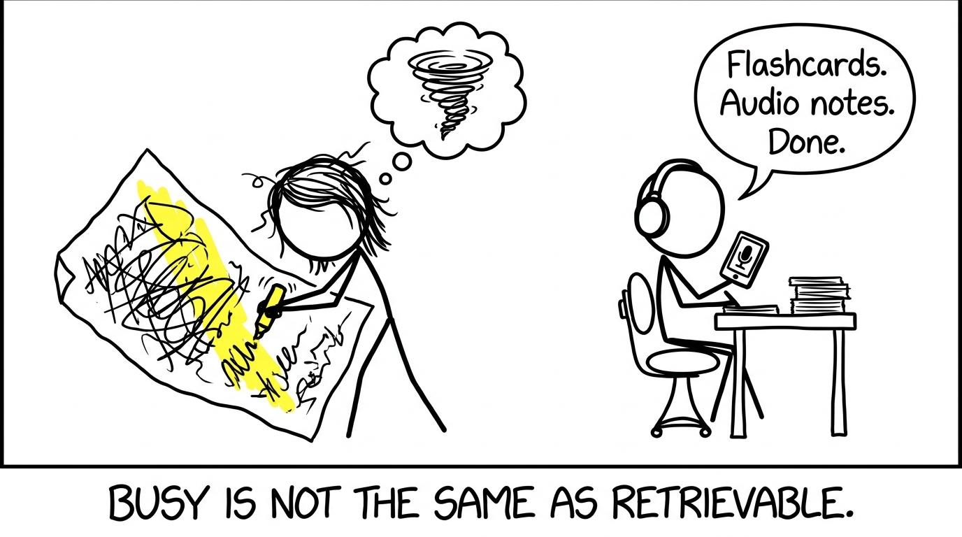 One student highlights frantically while another uses retrieval, audio and flashcards