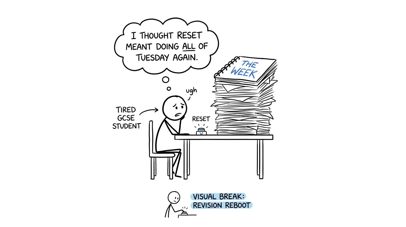 A tired GCSE student discovers that resetting revision does not mean repeating the entire week