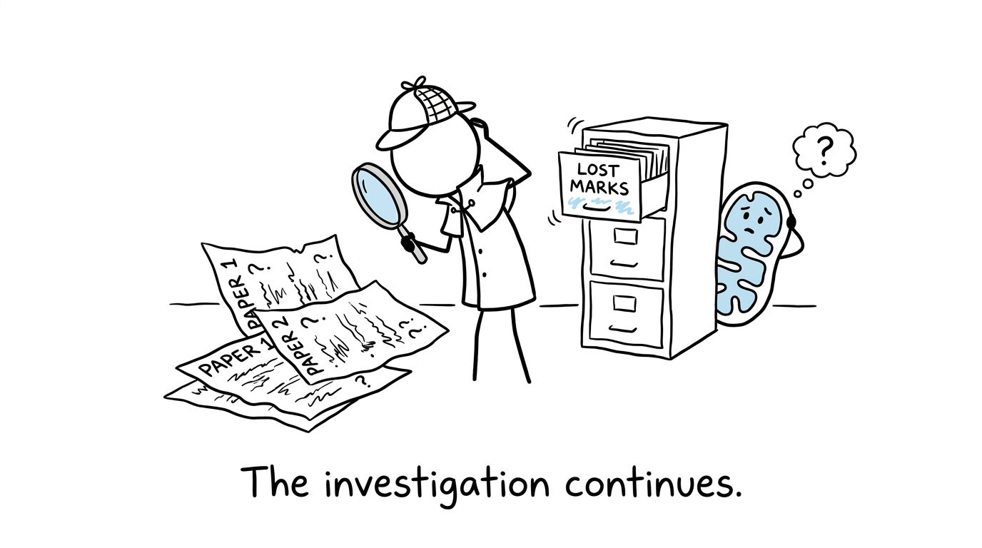 A student detective investigating two Biology papers while a mitochondrion guards the lost marks