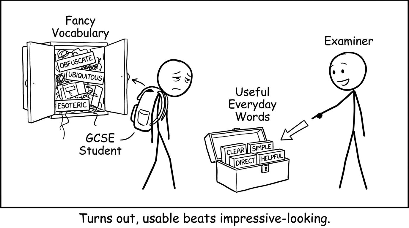 A student discovers that usable vocabulary is more valuable than impressive-looking vocabulary