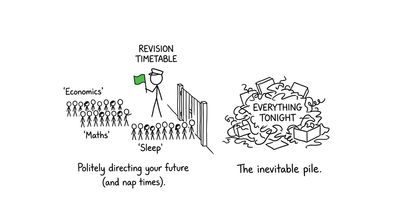 A revision timetable directing Economics, Maths and sleep
