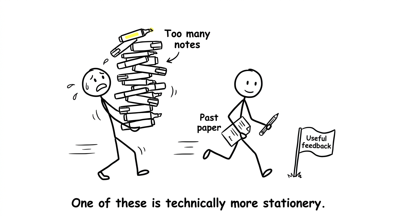 One student carries too many highlighters while another calmly reaches useful feedback with a past paper