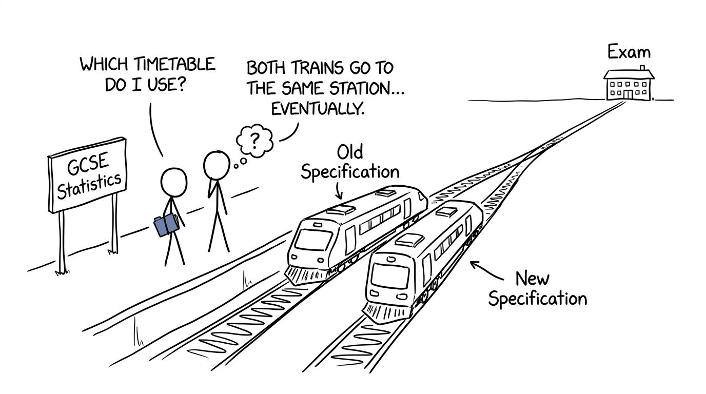 A student choosing between two GCSE Statistics specification trains heading towards the same exam station