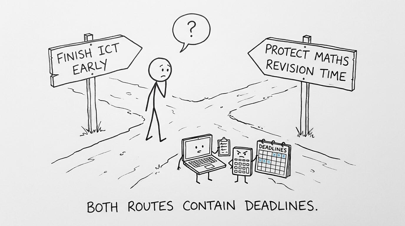A student choosing between early ICT completion and protecting maths revision time