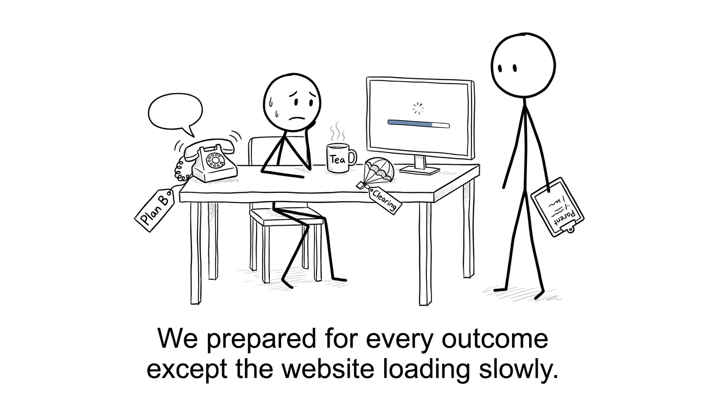 A student and parent overprepare for results morning while the website loads slowly