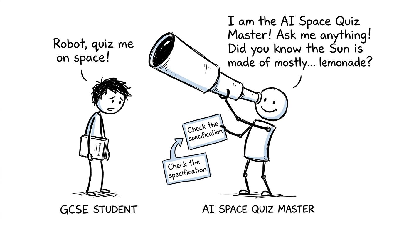 A student asks an AI robot for an astronomy quiz while the robot uses a telescope backwards
