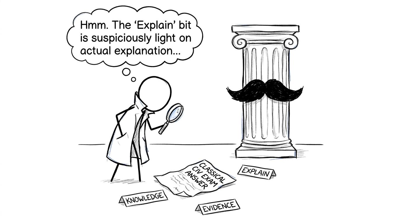 A revision detective examines clues labelled Knowledge, Evidence and Explain