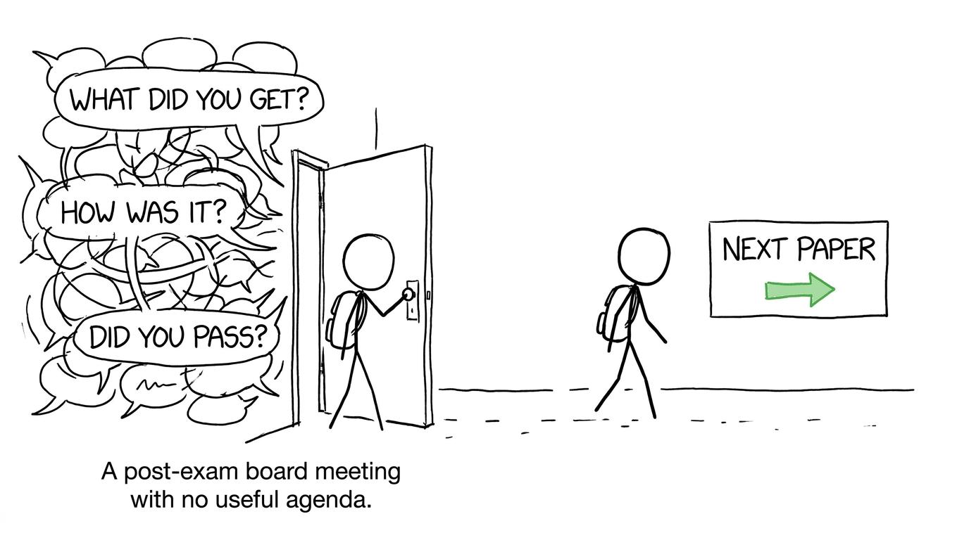 A student leaving an unhelpful post-exam discussion and calmly focusing on the next paper