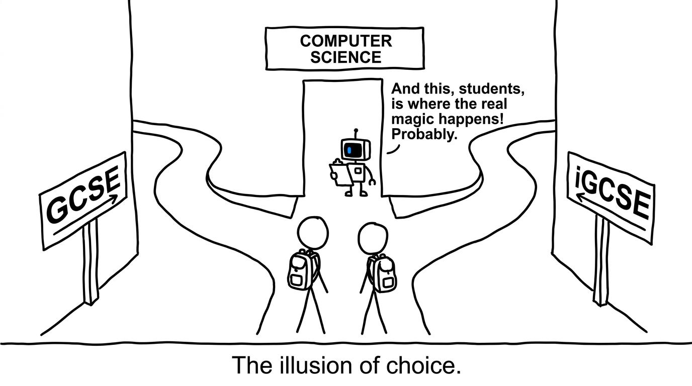 Two students discover that the GCSE and iGCSE paths lead towards the same Computer Science room