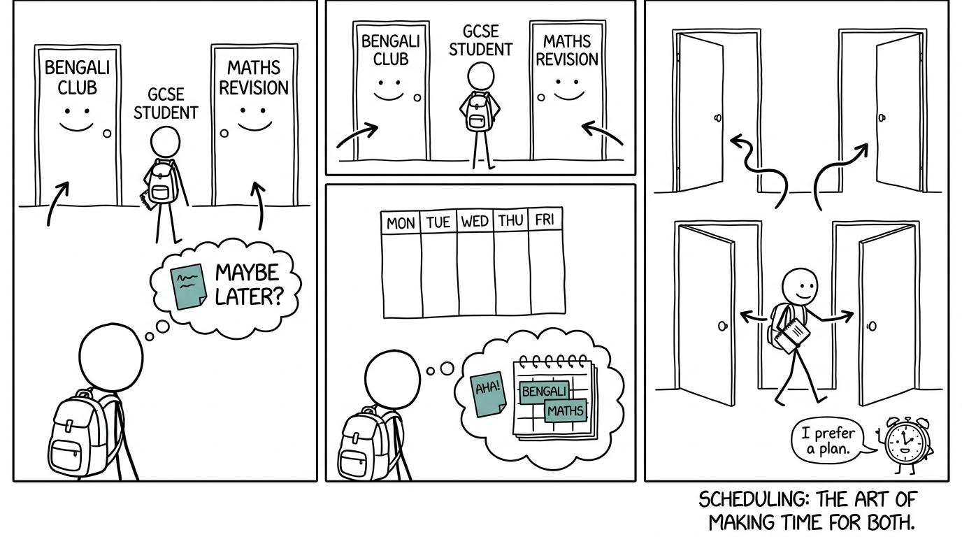 A student discovers that Bengali club and maths revision can coexist with a weekly plan