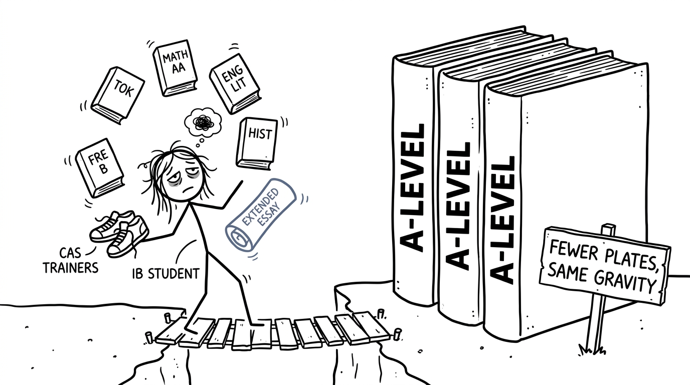 An IB student balancing six books while looking towards three enormous A level books