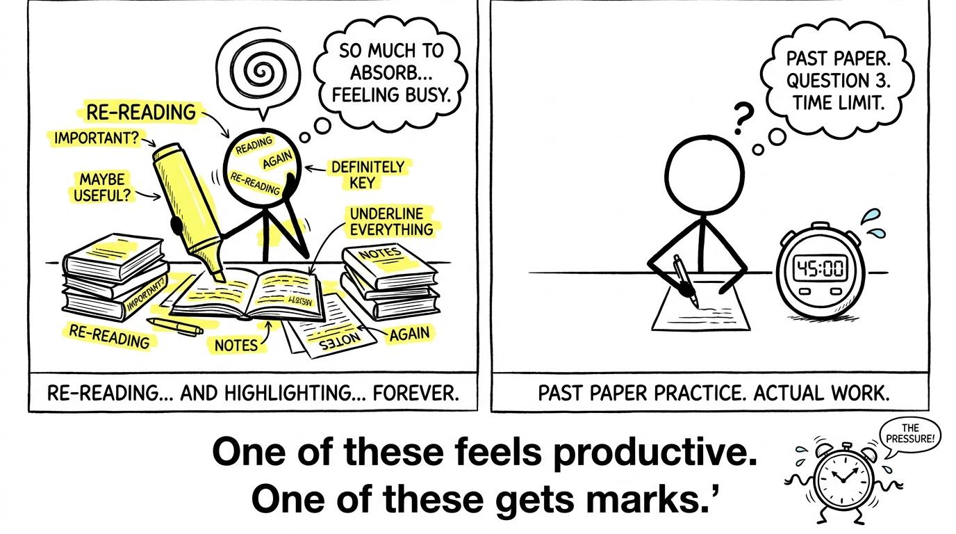 Two students: one re-reads notes, one does a timed paper
