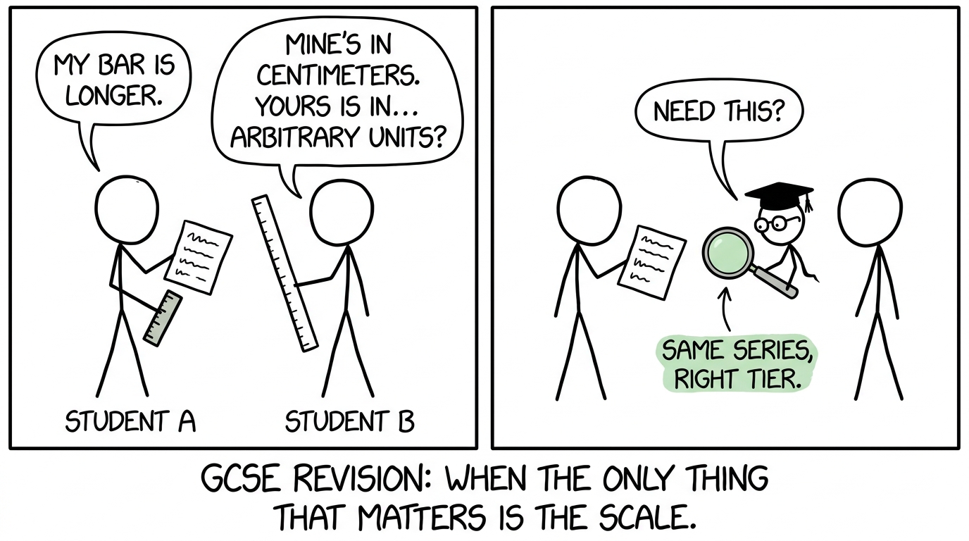 Students compare exam marks before noticing that their rulers use different scales