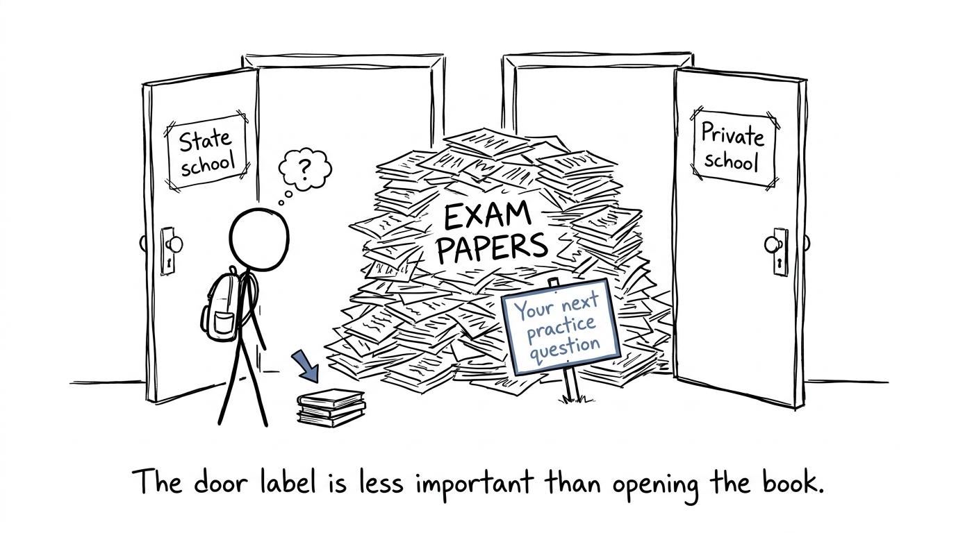 A student discovers that both school doors lead to the same pile of exam papers