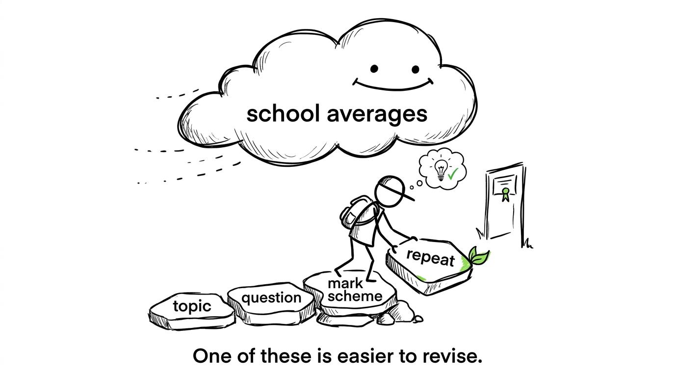 A student crosses stepping stones from topics to mark schemes