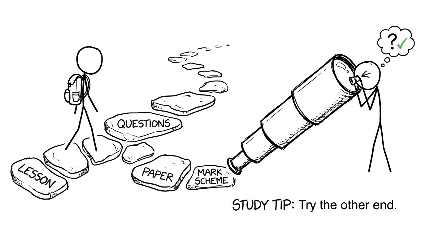 A student follows revision stepping stones while a telescope looks the wrong way