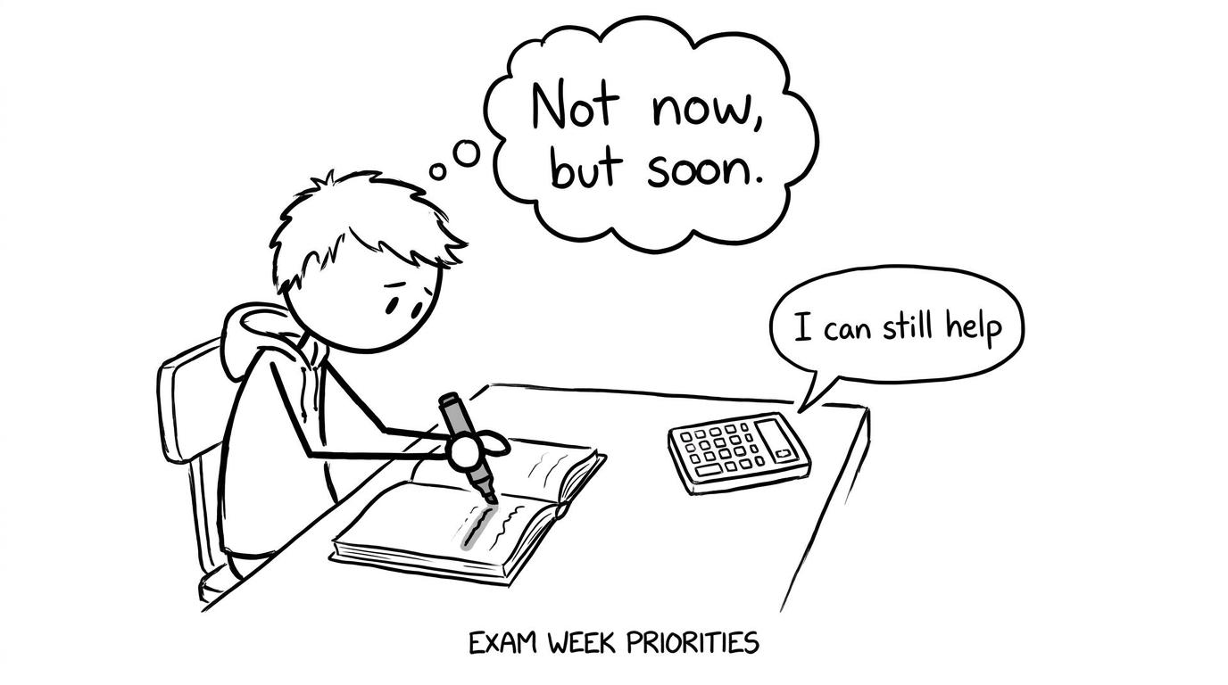 A student highlights a sentence while a calculator whispers “I can still help”