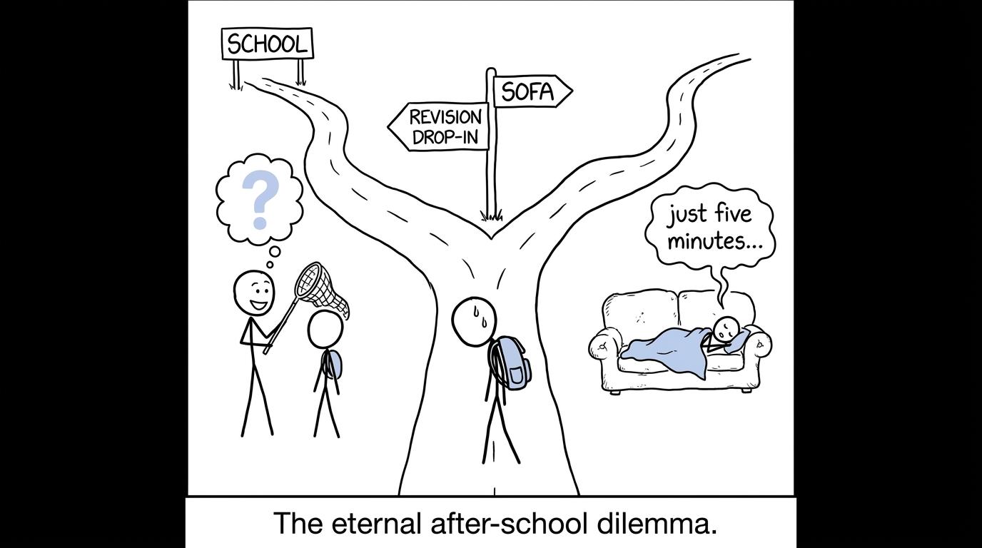 A student choosing between a revision drop-in and the tempting sofa