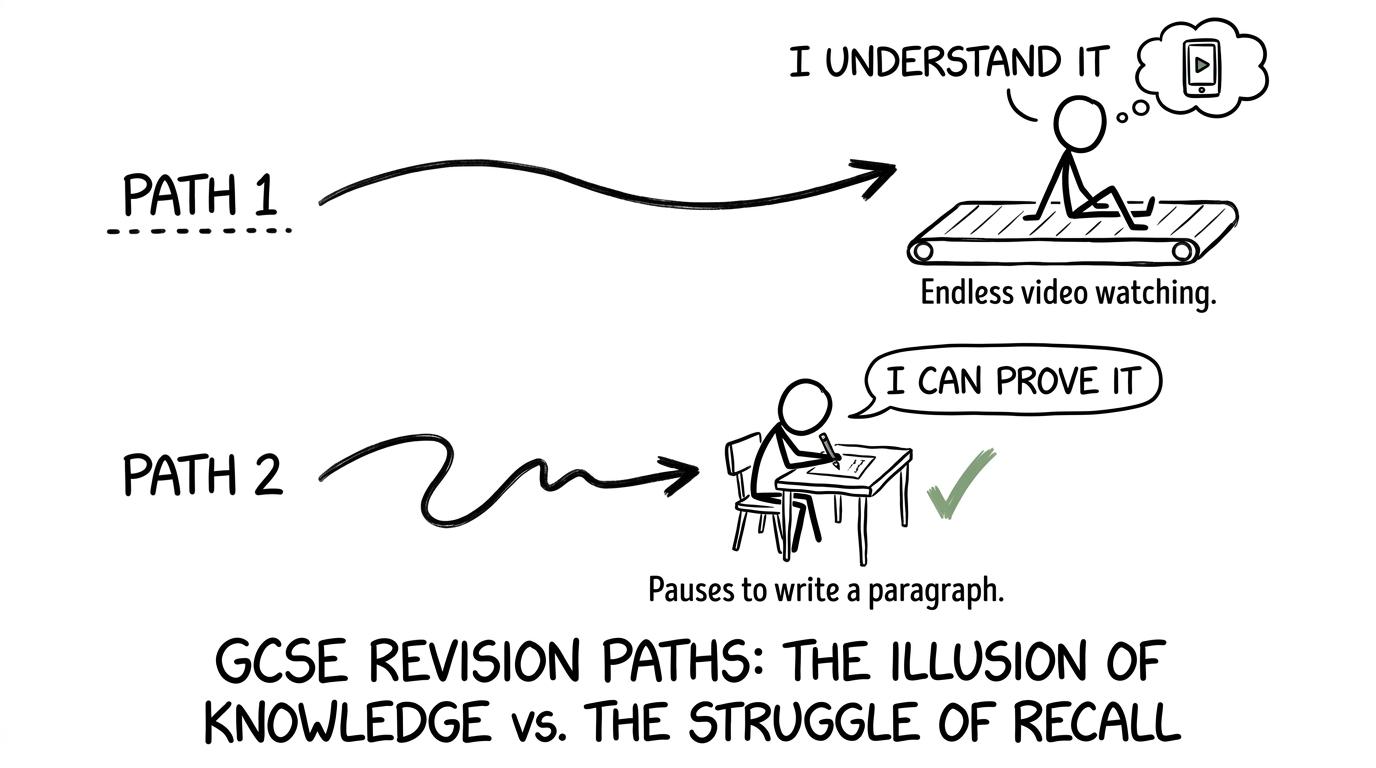 One student watches revision forever while another pauses to practise writing