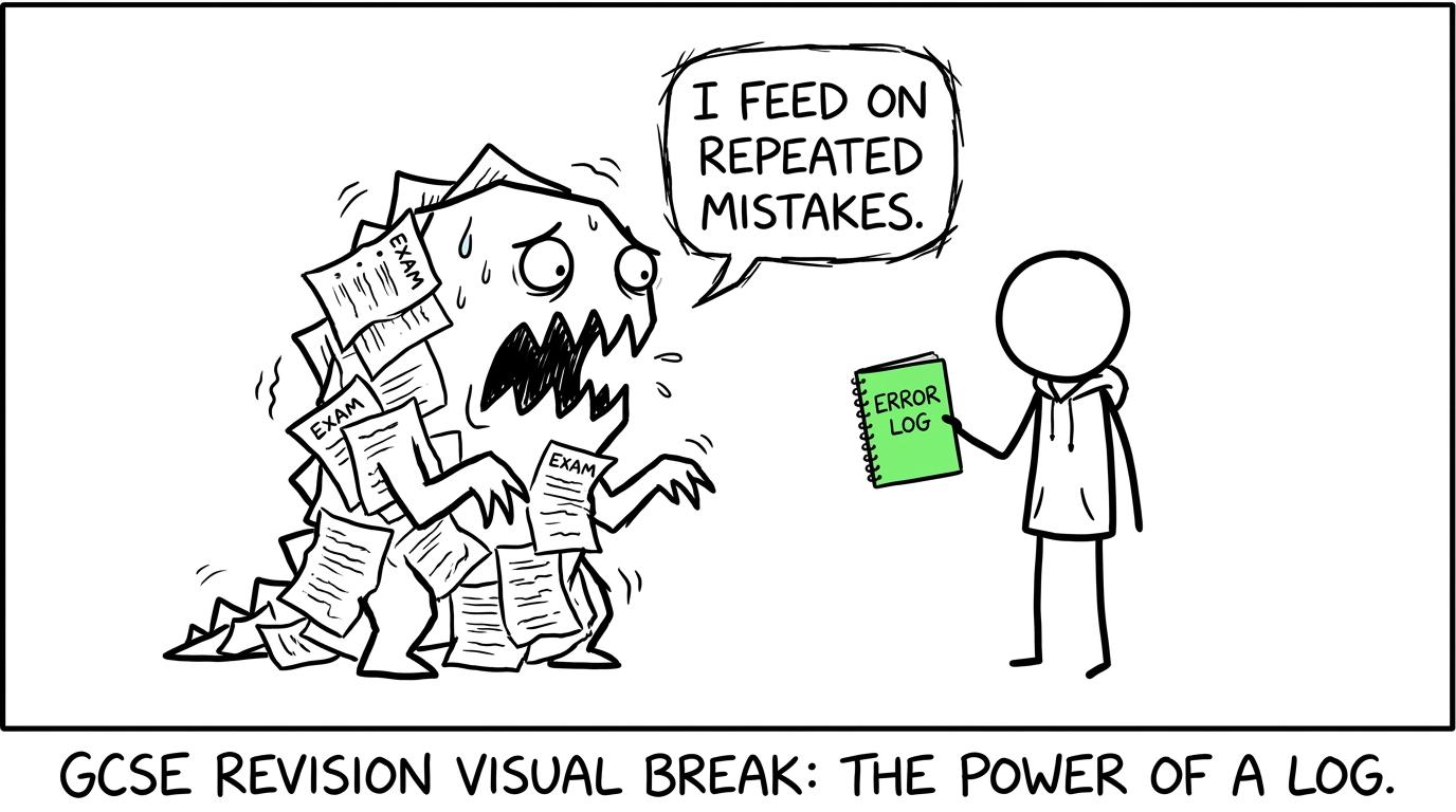 An exam-paper monster becomes nervous when a student opens an error log