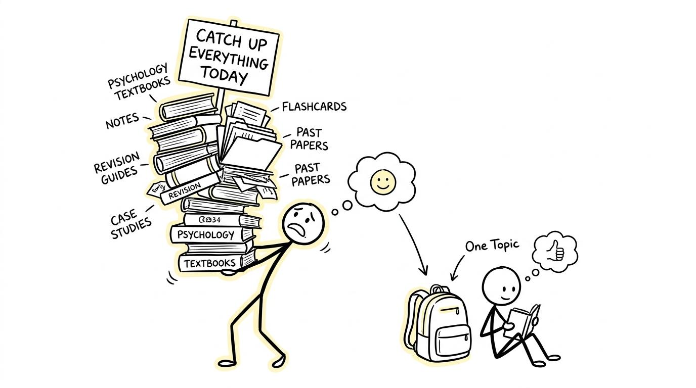 A student abandoning a tower labelled catch up everything today and choosing one manageable topic