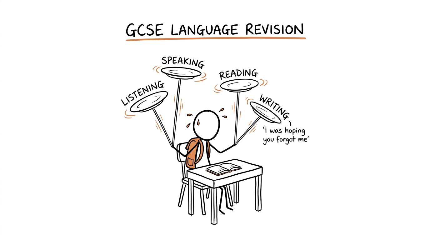 A student tries to keep four GCSE Arabic skill plates spinning