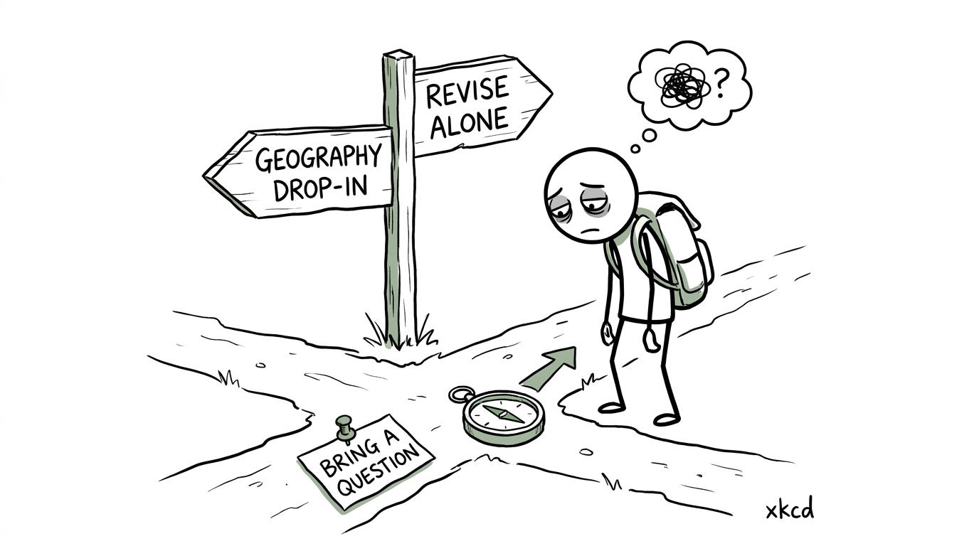 A GCSE student choosing between a geography drop-in and revising alone