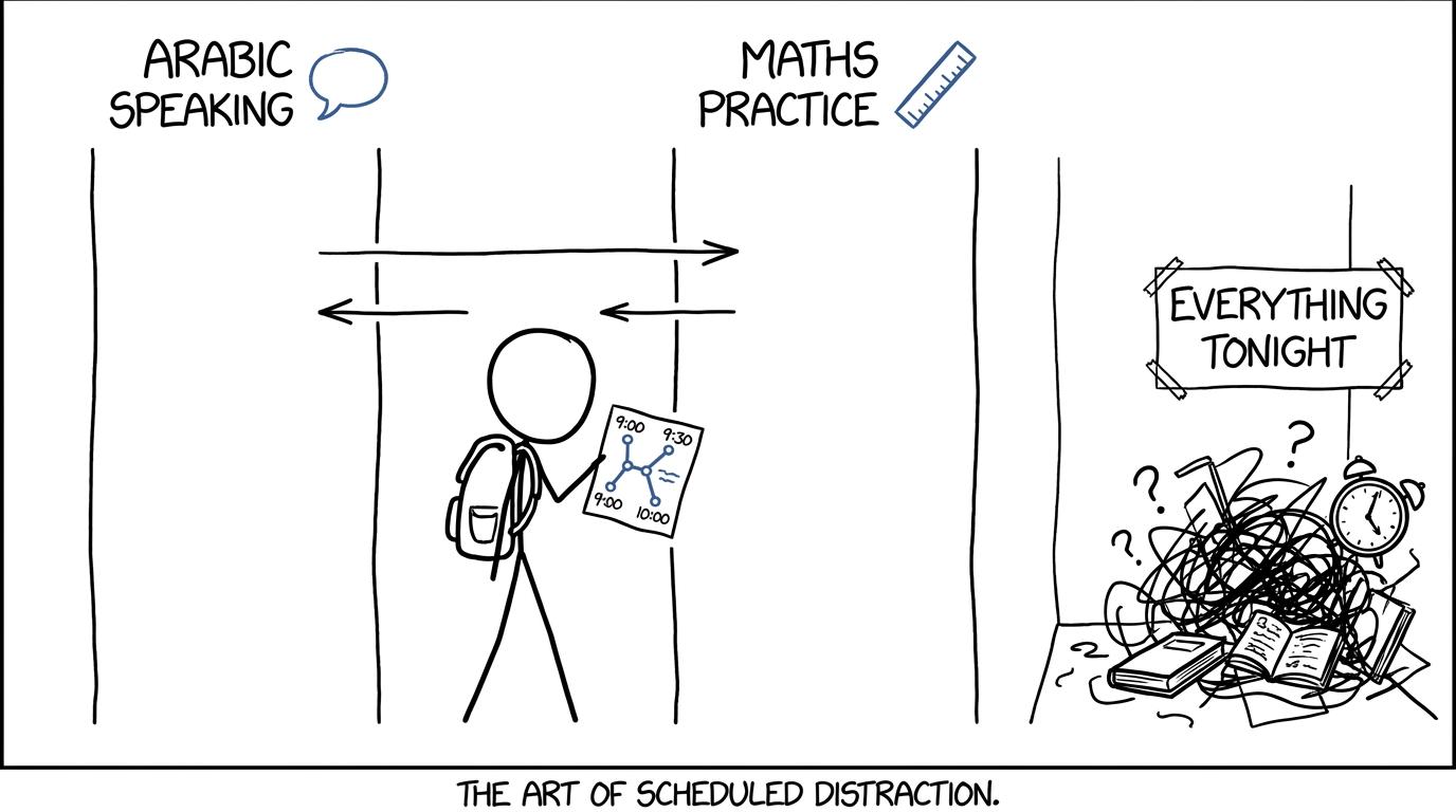 A student calmly switches between Arabic and maths revision instead of attempting everything at once