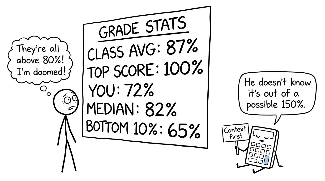 A student learns that grade statistics need context