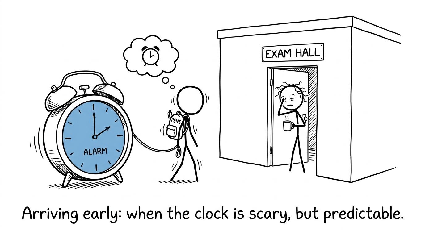 A GCSE student arrives early with an enormous alarm clock