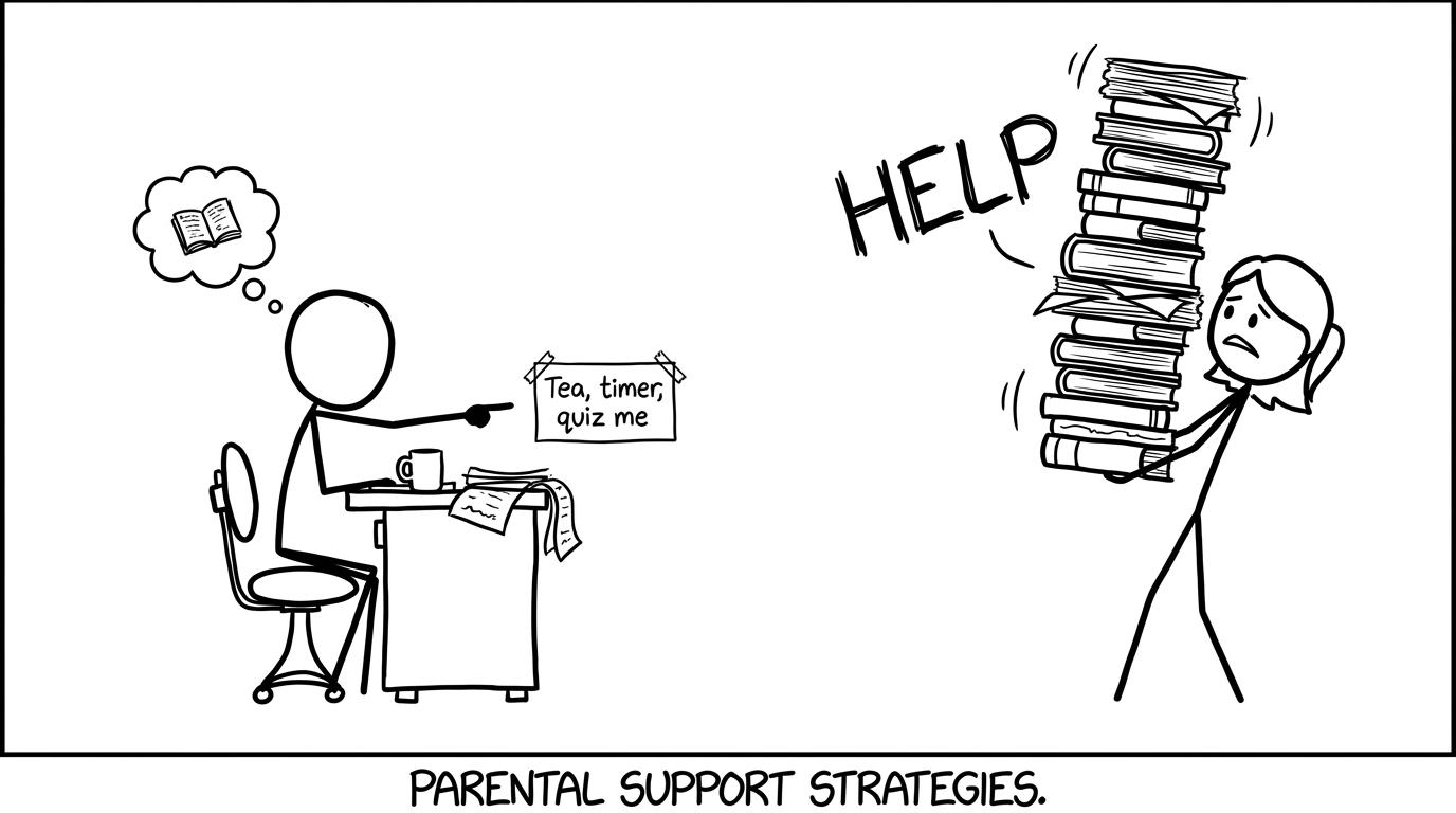 A student chooses a small revision checklist over an enormous stack of parental help