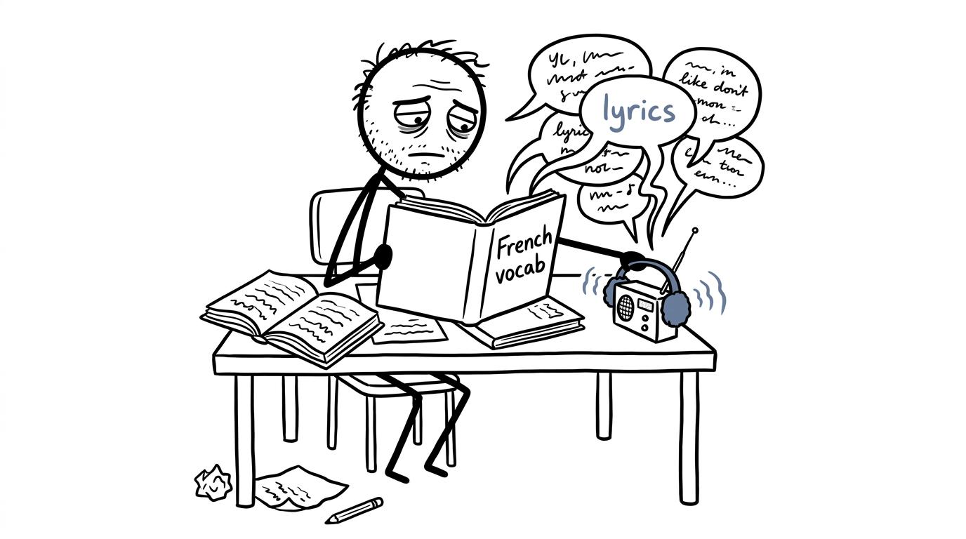 A student protecting French vocabulary revision from a singing radio