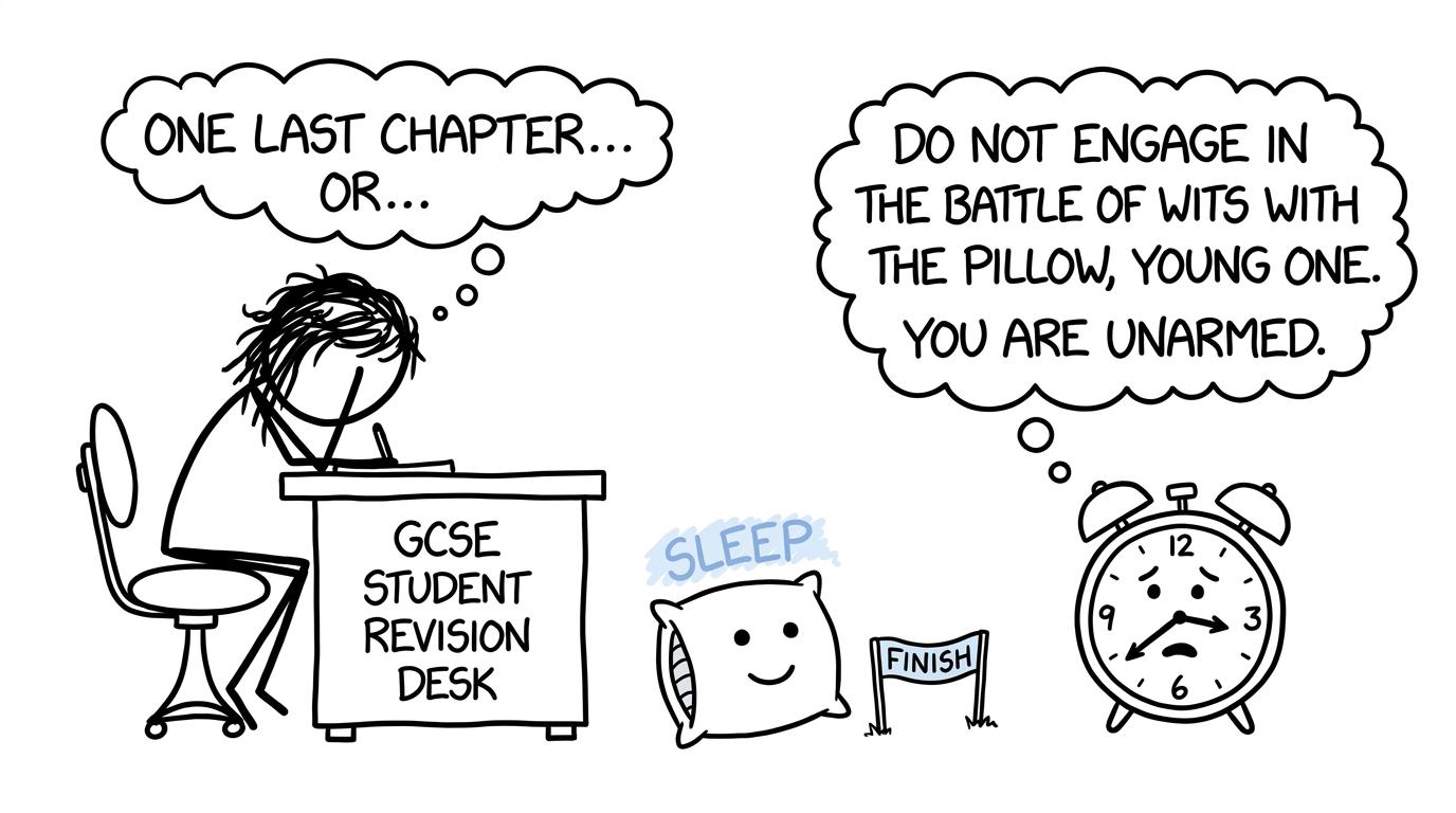A worried alarm clock watches revision compete with a friendly pillow