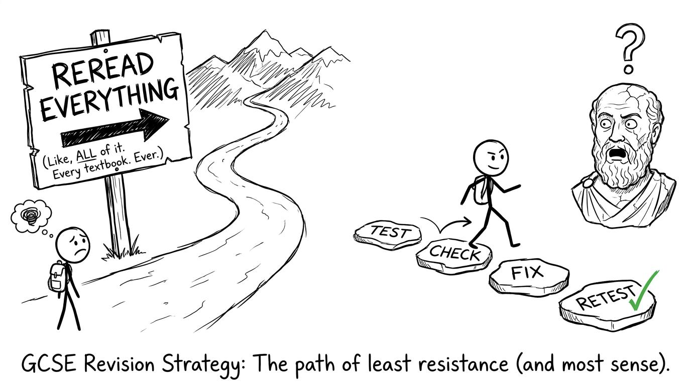 A student chooses the practical Test, Check, Fix and Retest path