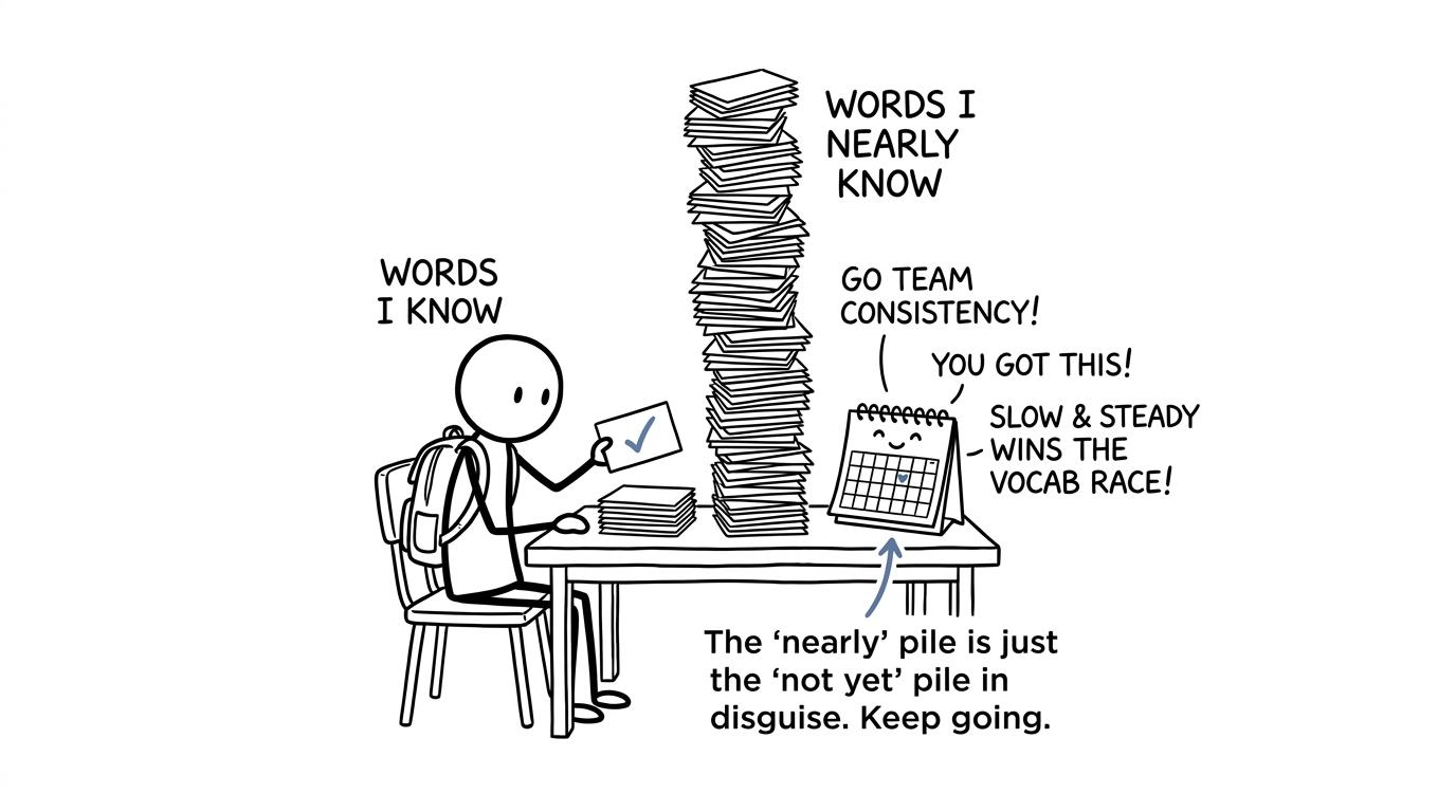 A student steadily tackles a towering pile of nearly known vocabulary