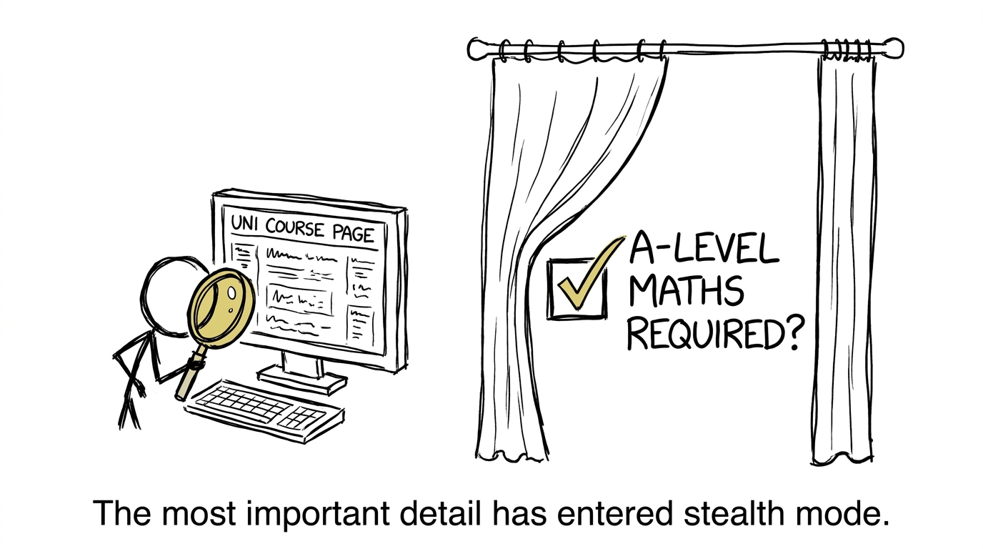 A detective searches a course page for the hidden A-Level Mathematics requirement