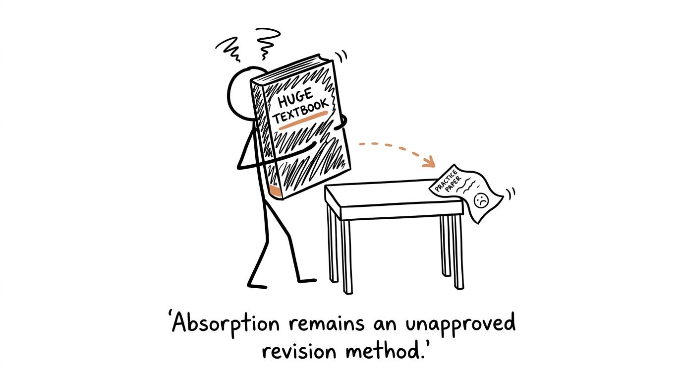 A student attempts to absorb a textbook while a practice paper waits patiently