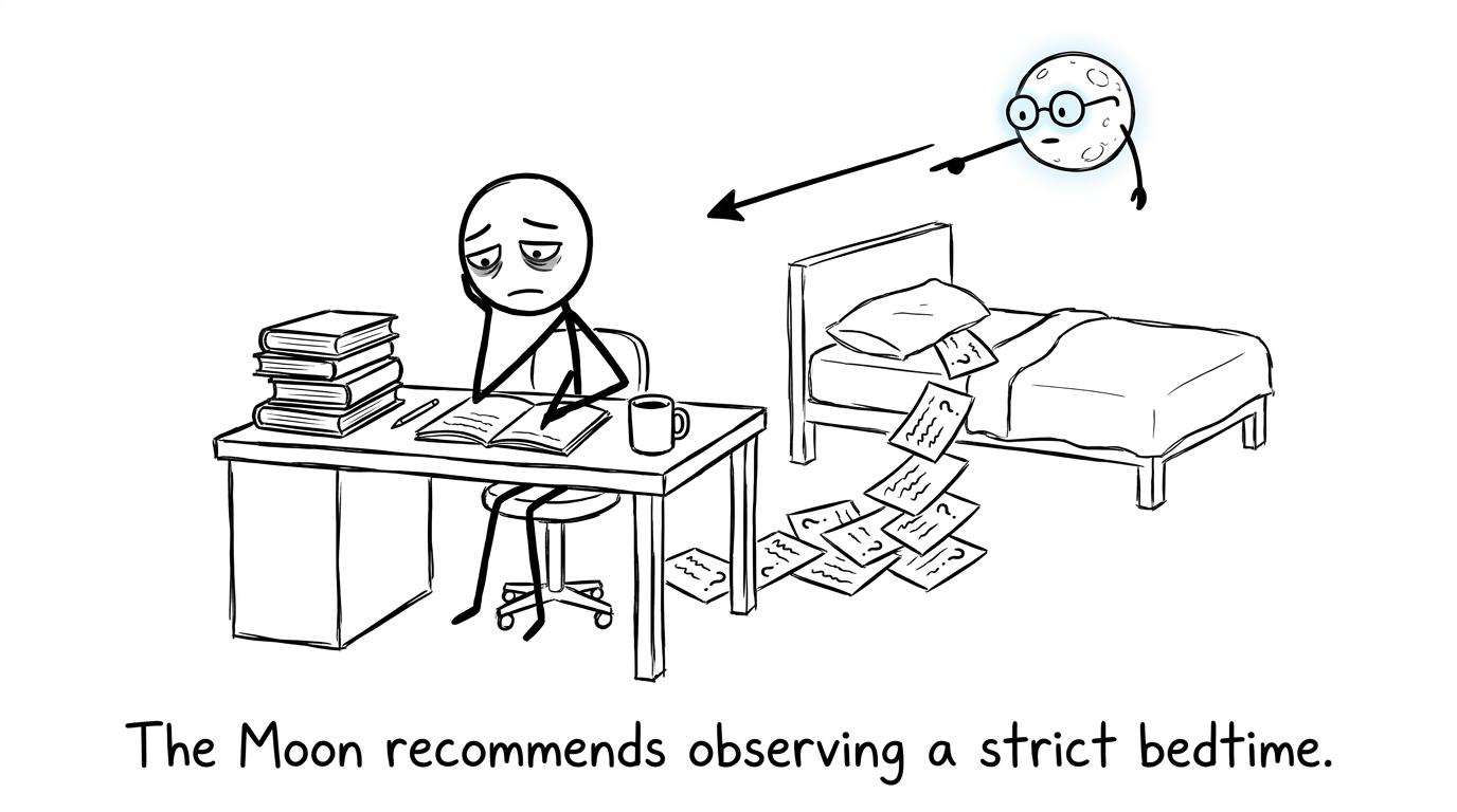 A cartoon Moon firmly recommends bedtime while revision cards try to hide under a pillow