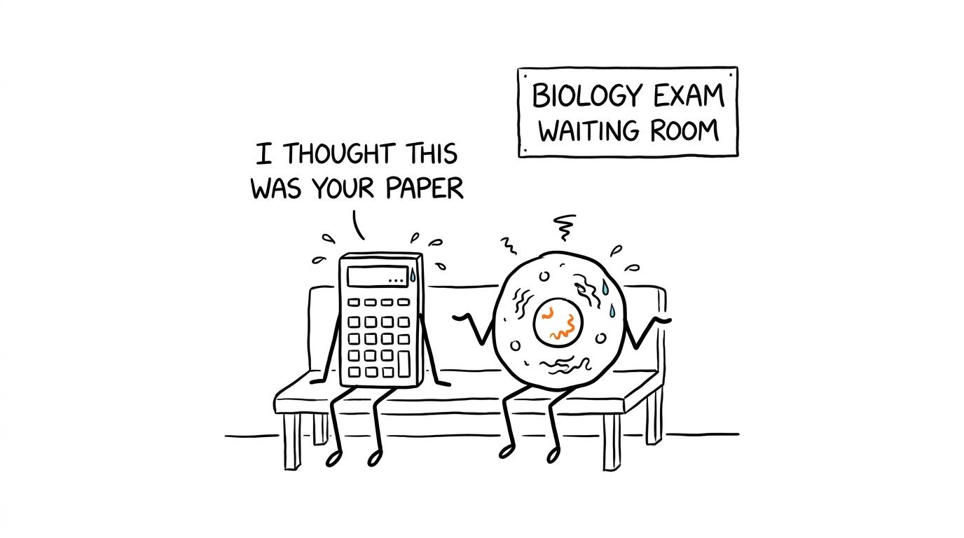 A calculator and a biology cell wait nervously for an exam