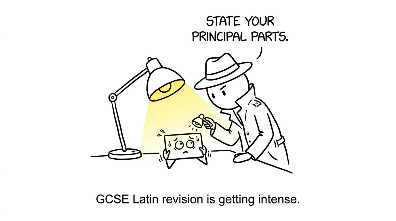 A Latin flashcard being questioned about its principal parts