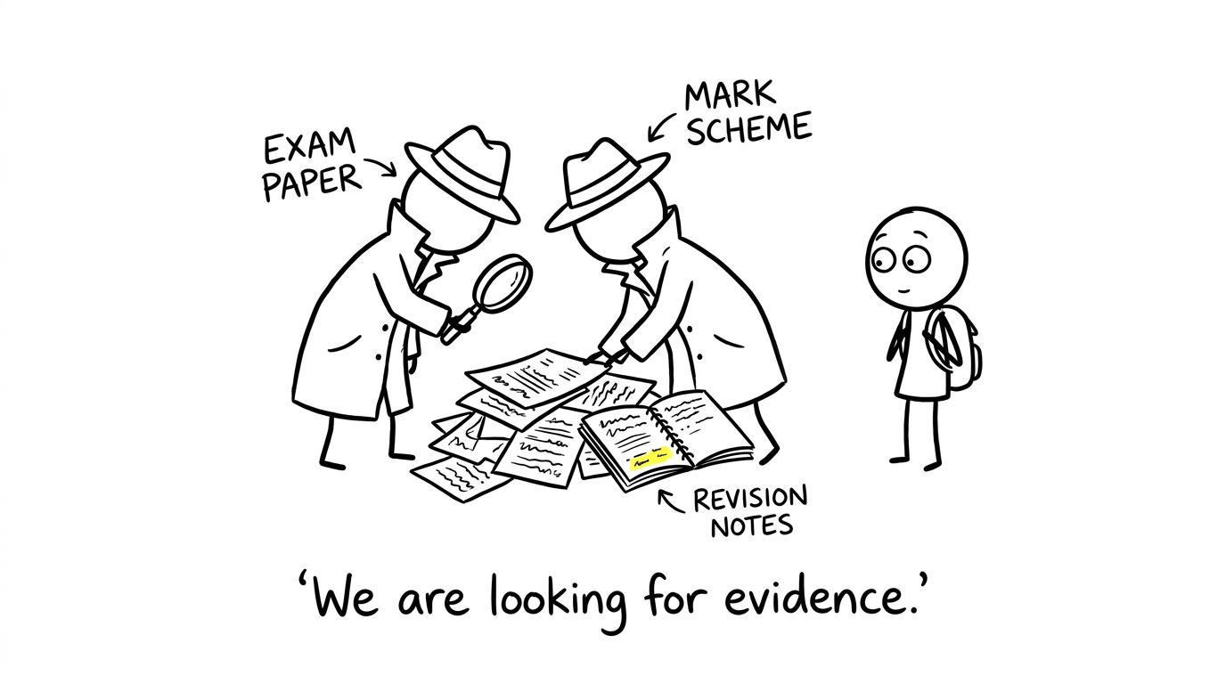 An exam paper and mark scheme searching revision notes for evidence